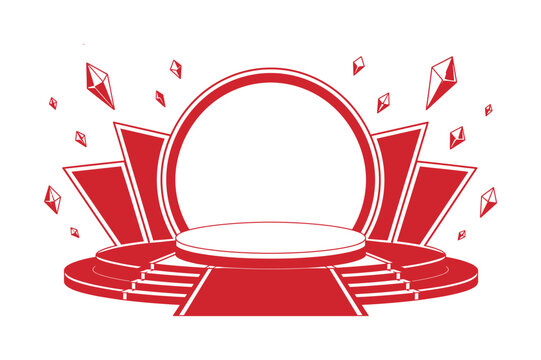 Red celebration stage with white platform and floating crystal confetti, stage, red, platform, confetti, crystals, white, display,