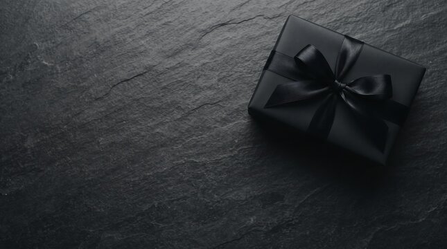 Black gift box with ribbon on black slate background