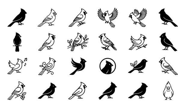 Elegant Northern Cardinal Outline and Silhouette Vector Icon Collection