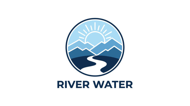 Minimalist vector illustration featuring circular mountain ranges and flowing blue river under bright morning sun
