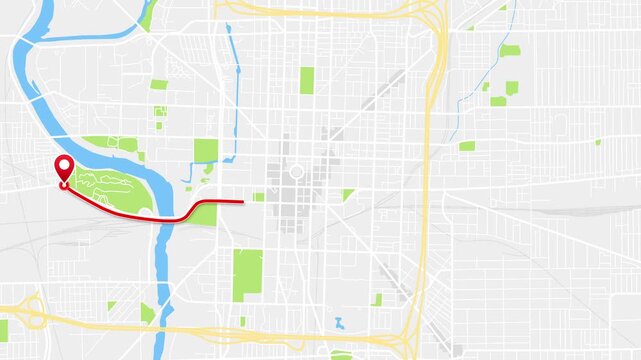 Animated GPS Route Map of Indianapolis, Indiana, United States &ndash; Red Path and Location Pins in 4K