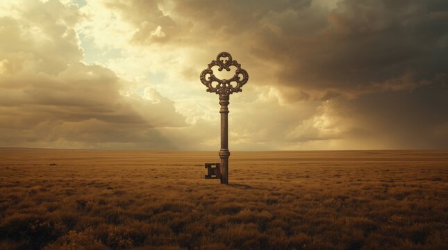 Giant ornate antique skeleton key standing upright within vast golden grassland under dramatic stormy skies with standing vertically center colossal antique metal