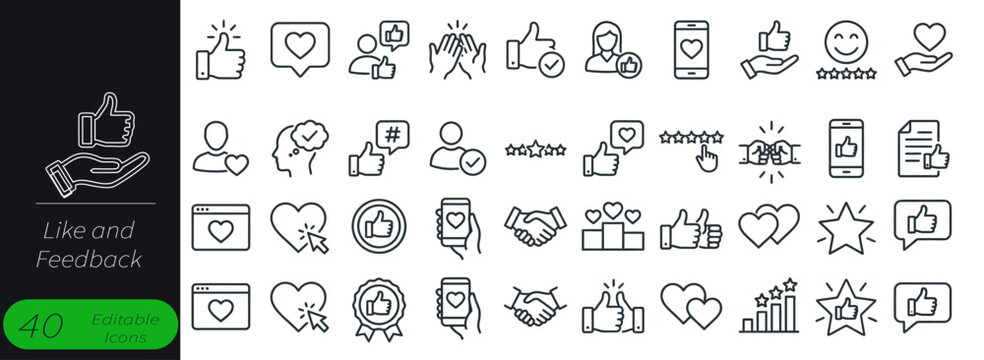 Like and feedback set of web icons in line style. Social media engagement linear icon collection. Containing thumbs up, heart, star rating, handshake, follow, review and more. Editable stroke