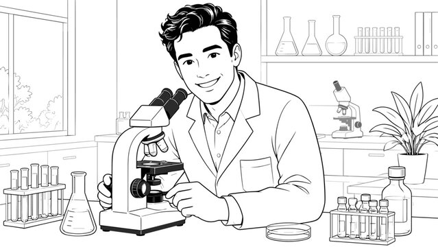 Smiling man working with microscope in bright laboratory setting, clean line art vector illustration, simple outline secondary