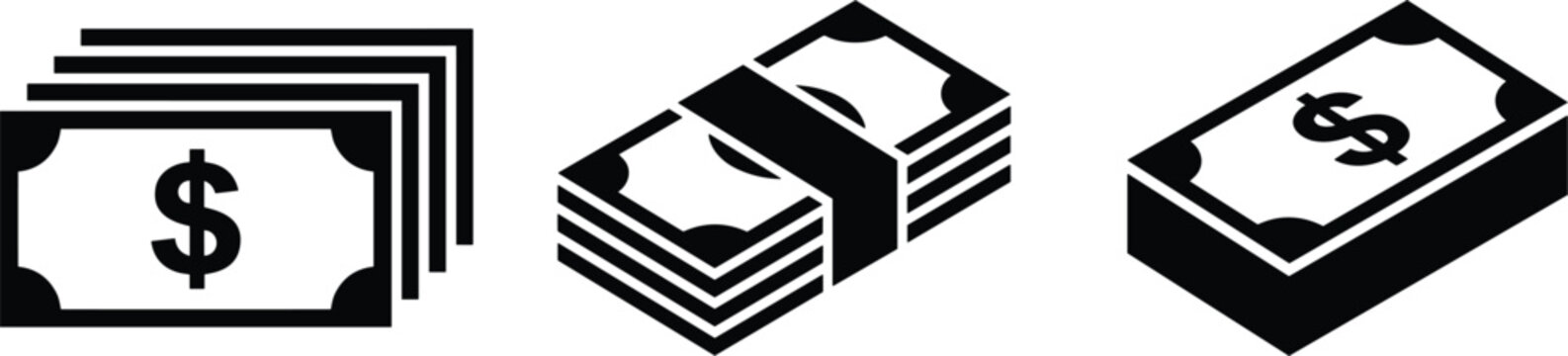 Dollar cash money stacks vector icons set containing paper banknotes pile and isometric currency bundles in black solid style. (20 words)