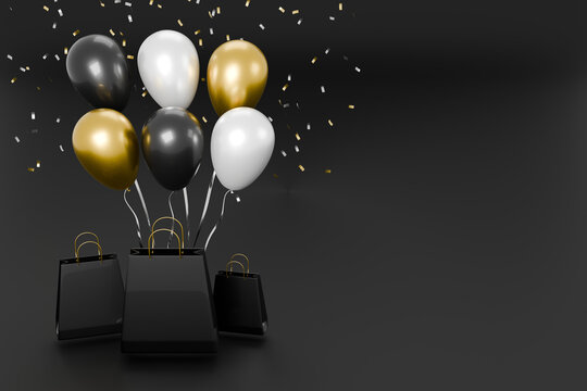 Luxury Black Friday Sale 3D Render with Glossy Shopping Bags, Metallic Balloons and Gold Confetti