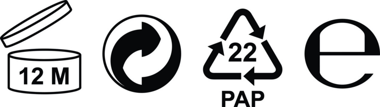 Cosmetic product packaging recycling symbols vector set with period after opening PAO Green Dot PAP twenty two and estimated e-mark. (20 words)