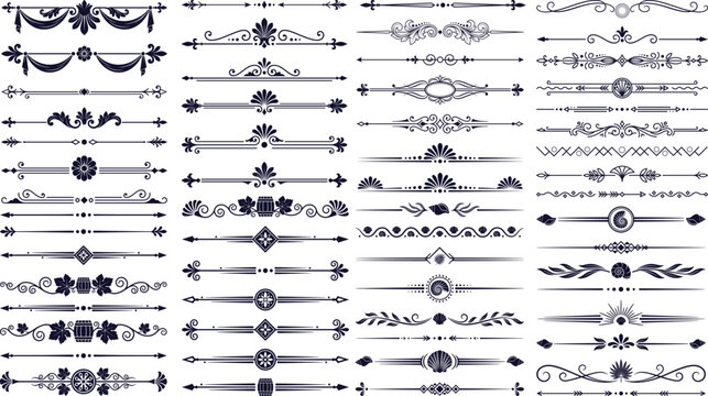 Set of elegant decorative page dividers, book decorations, borders, calligraphic design elements.