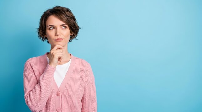 A pensive young woman wearing a pink cardigan looking skeptical against a blue background.