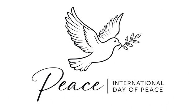Hand drawn illustration of a flying dove with an olive branch for international peace day celebration