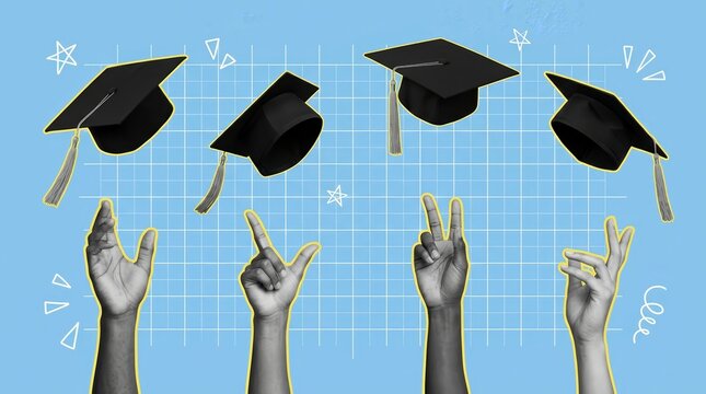 Sketch template artwork featuring graduate student hands throwing up academic caps.