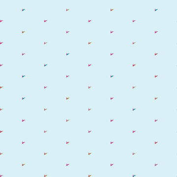 Tiny v shape check mark seamless pattern on soft light blue decorative background.