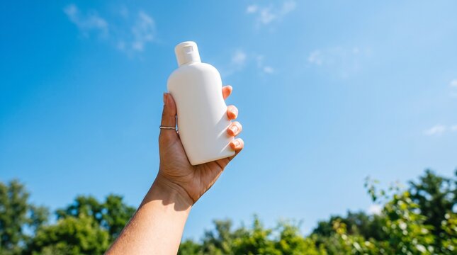 Hand holding plain white sunscreen bottle up against bright blue summer sky and green trees below