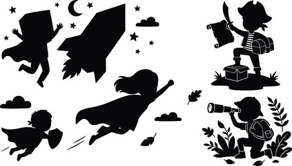 Children imagination silhouette vector set featuring superhero astronaut pirate and explorer kids playing © MdAminur