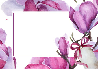 Watercolor magnolia rectangular frame with pink blossoms, branches, ribbons and a blank tag surrounding generous copy space. © _Julia_red