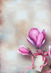 Watercolor magnolia background with pink blossoms, a blank tag, flowing ribbons and textured vintage paper with generous copy space. © _Julia_red