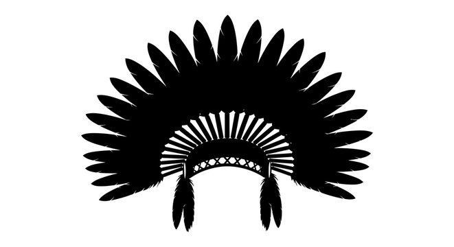 A black silhouette of a traditional native american feather headdress isolated on a plain white background for graphic design