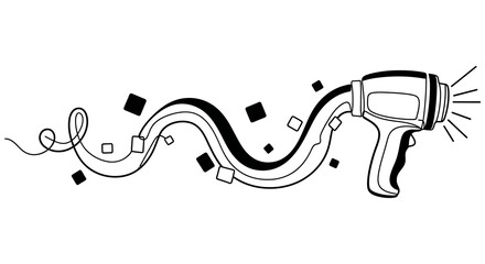 A stylized black and white line art illustration of a handheld hair dryer with a long wavy cord design © MahiAhmed