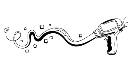 A vintage style black and white line art illustration of a handheld hair dryer blowing a long wavy stream © MahiAhmed