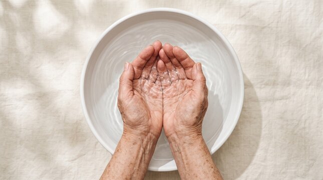 Top view of senior wrinkled hands cupping clear water in white ceramic bowl on soft linen cloth