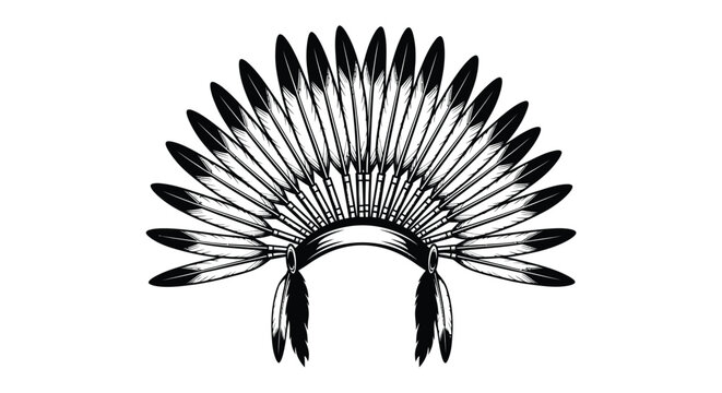 A detailed black and white line art illustration of a traditional native american feather headdress isolated on white background