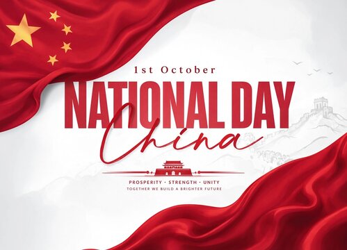 Elegant background design for china national day celebration featuring wavy red fabric and golden stars