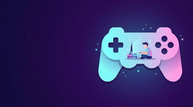 Businessman working on laptop inside glowing gaming controller shape, gaming industry concept illustration