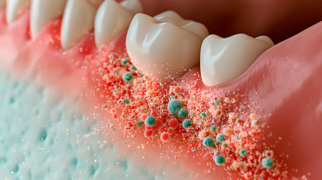 Macro visualization of oral bacteria and plaque accumulation on human gums and teeth. Concept illustration for dental health, hygiene, and periodontal disease awareness.