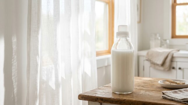 Bottle of liquid laundry starch on wooden table. Household product for ironing clothes. Domestic chore equipment for fabric stiffening in bright home interior laundry room space.