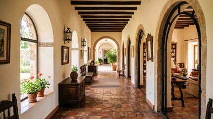 Fototapeta premium Elegant Mediterranean style hallway with terracotta floors, arched doorways, dark wood ceiling beams, and indoor plants