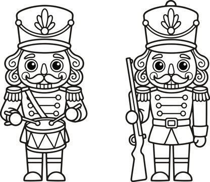 Black and white line art illustration of two traditional christmas nutcracker soldiers one playing a drum and one holding rifle