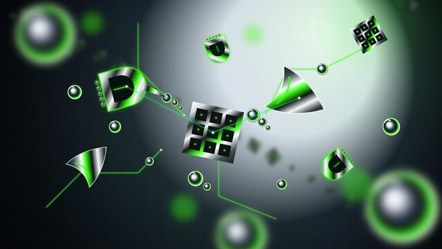 Abstract liquid mercury logic gate chassis render with cybernetic lime lighting and floating geometric semiconductor elements