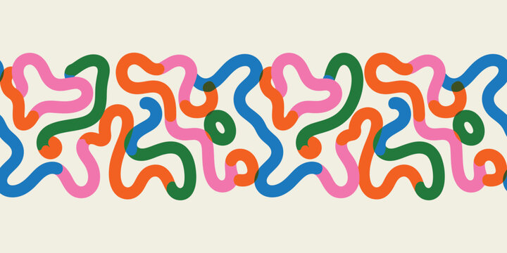 Vector squiggle pattern set featuring colorful abstract organic lines, wavy party shapes, and playful graphic design elements for kids party background