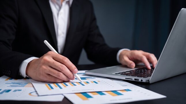 corporate analytics and financial evaluation concept showing businessman examining printed bar charts while working on laptop, business performance tracking, and data driven decision making

