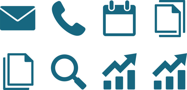 Set of professional blue business icons featuring communication tools and data analysis charts for web and mobile interface design