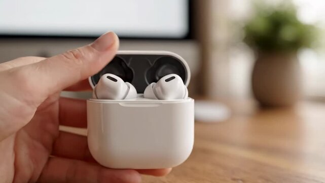 Hand opening a white wireless earbud case on a wooden desk with a computer in the background.