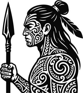 Black and white illustration of a fierce maori warrior holding a spear with traditional tribal tattoos and hair bun