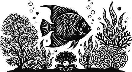 Black and white line art illustration of a tropical angelfish swimming among coral reefs and sea plants in the ocean © Rujina
