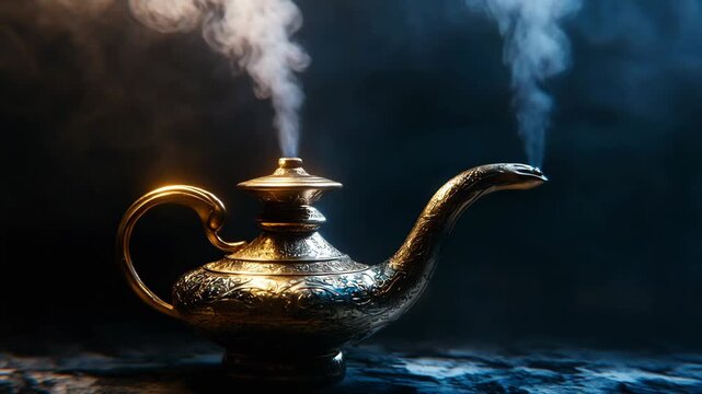 Mysterious antique golden lamp of a genie sitting on a stone table in a dark, foggy cave, releasing magical smoke from its spout and lid, symbolizing wishes and folklore
