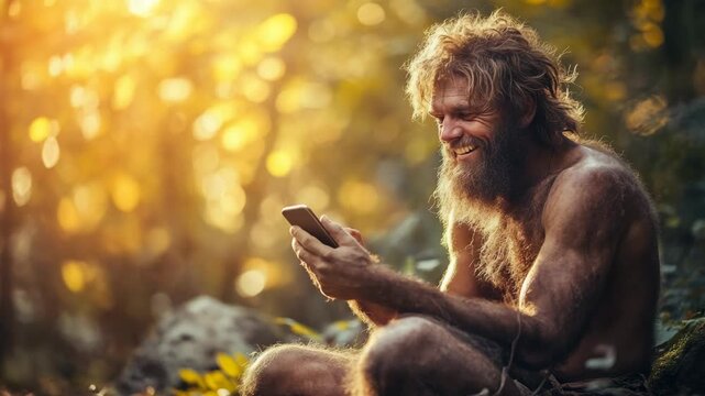 Prehistoric caveman using a modern smartphone in a forest, joyfully laughing at the screen, representing the contrast between primal past and technological present