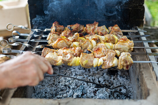 Meat and Onion Skewers Grilling Over Hot Charcoal. Meat and onion skewers cook over hot charcoal as smoke rises from an outdoor barbecue.