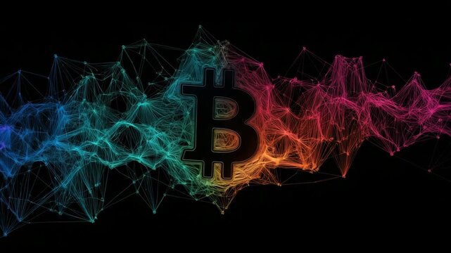 Abstract bitcoin symbol floating within a colorful digital plexus network, representing blockchain technology, cryptocurrency transactions, and the future of global finance