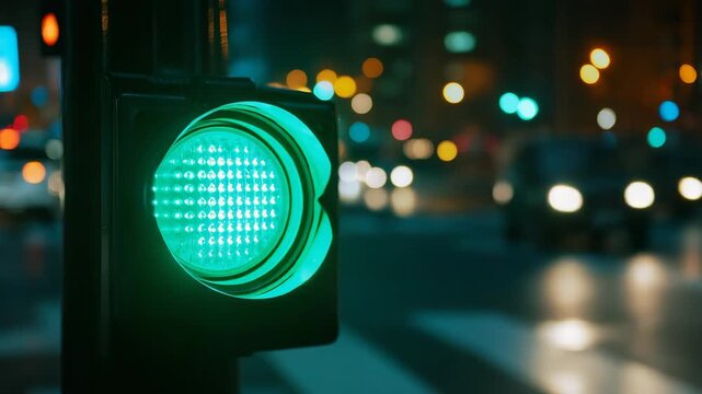 Green traffic light for pedestrians signaling to walk on a crosswalk with blurry city street traffic at night, cars with headlights driving in the background bokeh
