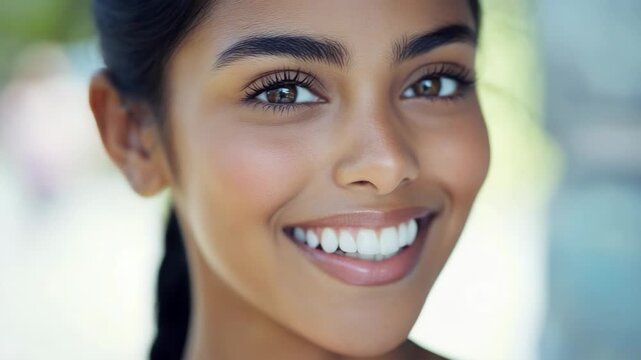 Beautiful indian woman with a perfect smile and healthy white teeth looking at the camera. Natural beauty, skincare, and dental health concept with a happy model