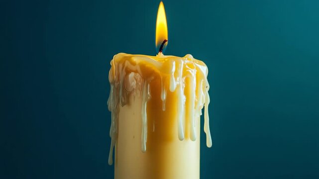 Burning candle with melting wax dripping down its side, showing the passage of time, spiritual meditation, and remembrance in a serene, dark blue environment