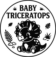 A cute black and white circular logo design featuring a baby triceratops dinosaur surrounded by tropical leaves and plants © Rujina