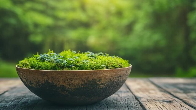 Decorative moss and succulent bowl sitting on a rustic wooden table in a lush green garden with vibrant sunlight, representing tranquility, nature, and zen concepts