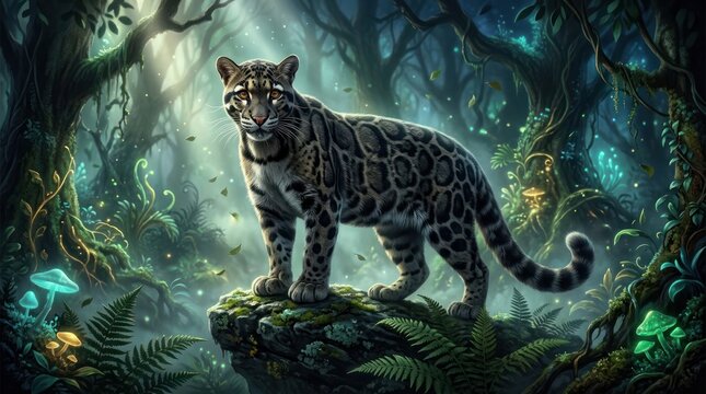 Mystical clouded leopard standing on mossy log in enchanted forest environment