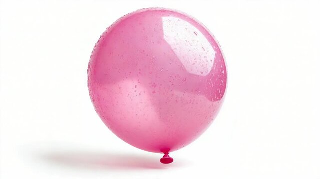 Pink water balloon bouncing and splashing in slow motion on a clean, isolated white background, capturing the impact and kinetic energy with dynamic fluid motion