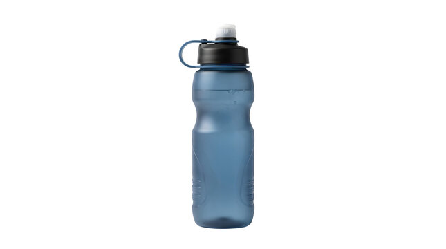 Blue reusable plastic water bottle with black cap isolated on transparent background